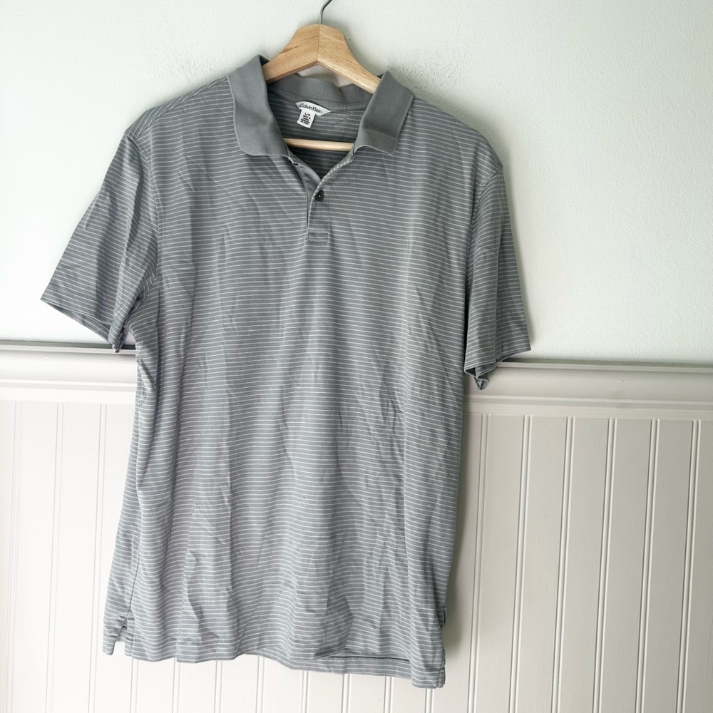 Calvin Klein Large Grey & White Striped Polo Shirt